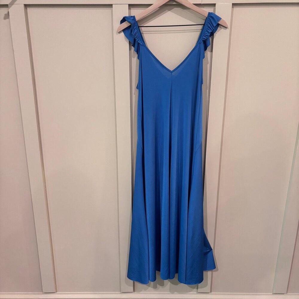 Zara Blue Ruffled Satin Effect V-Neck Midi Slip Dress sz S 70s Romantic Ballet - Picture 3 of 5